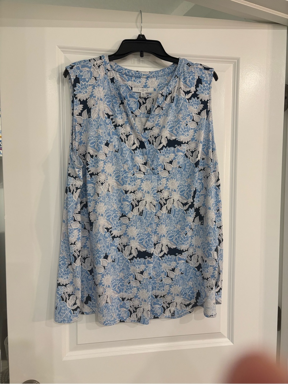 Fever Blue, White and Black Floral Sleeveless V-Neck Tunic